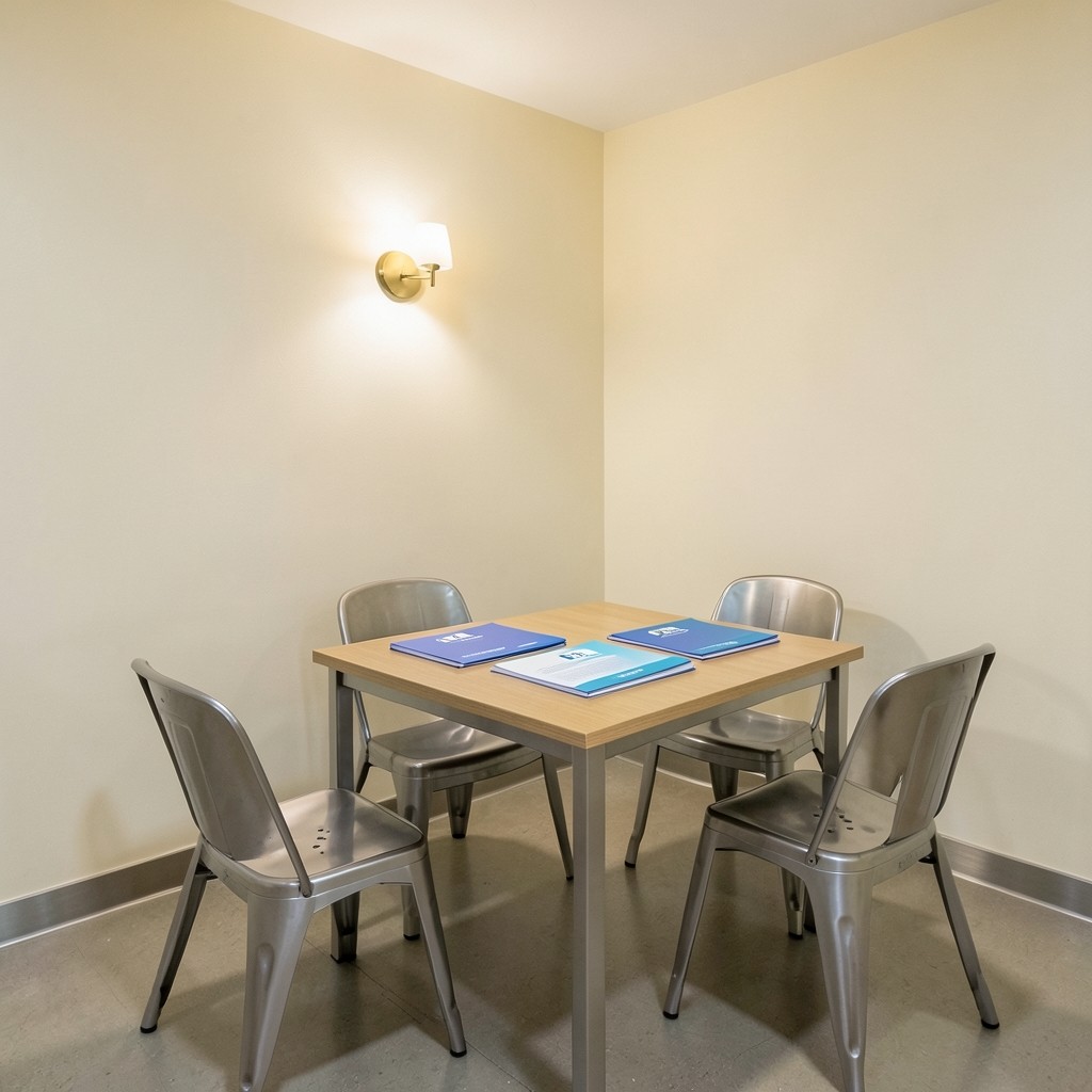 Salle de réunion sobre avec dossiers de ressources humaines dans le secteur sanitaire